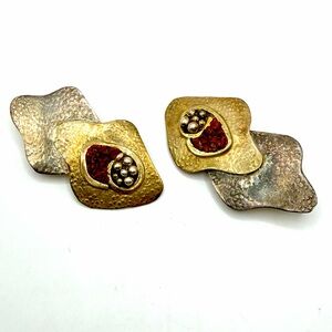 Vintage 925 Sterling Silver Clip-On Earrings Gold & Red